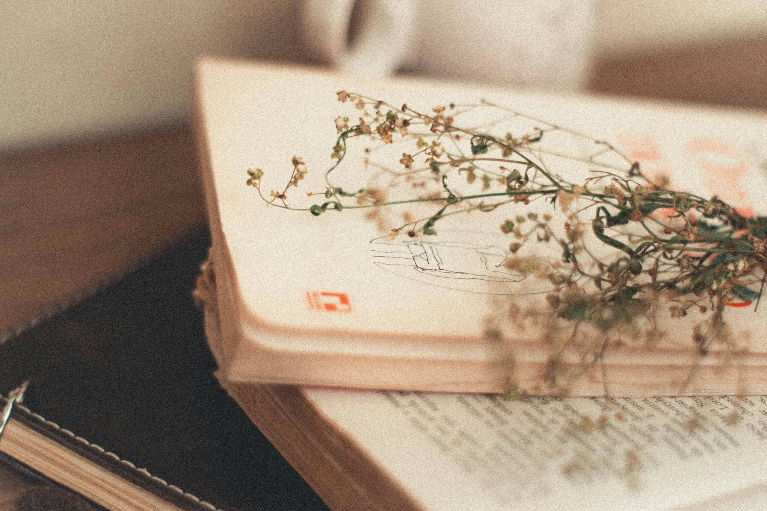 Vintage books with delicate flowers creating a nostalgic mood, perfect for literature lovers.